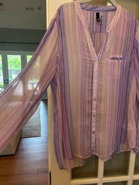 Kut from the Kloth Sheer Striped Button-Front Blouse in Pink and Lavender
